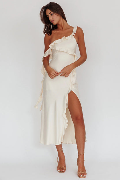 Enchanting satin medium length ruffle detail with a shoulder strap, off shoulder sleeves, and ruffled bridesmaid dress