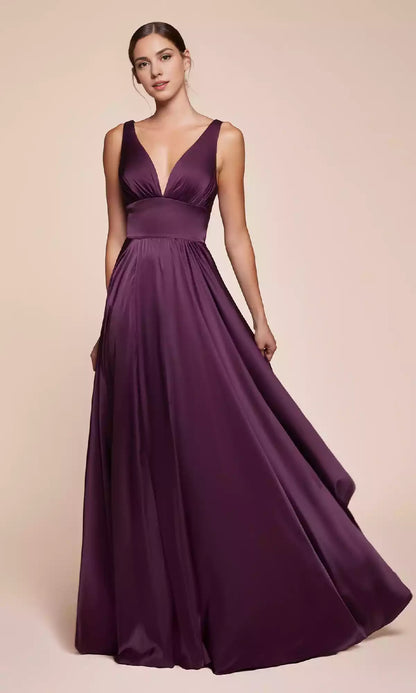 Eternal and elegant satin V-neck A-line silhouette, V-shaped backless side slit adds a touch of eye-catching detail Prom Dresses
