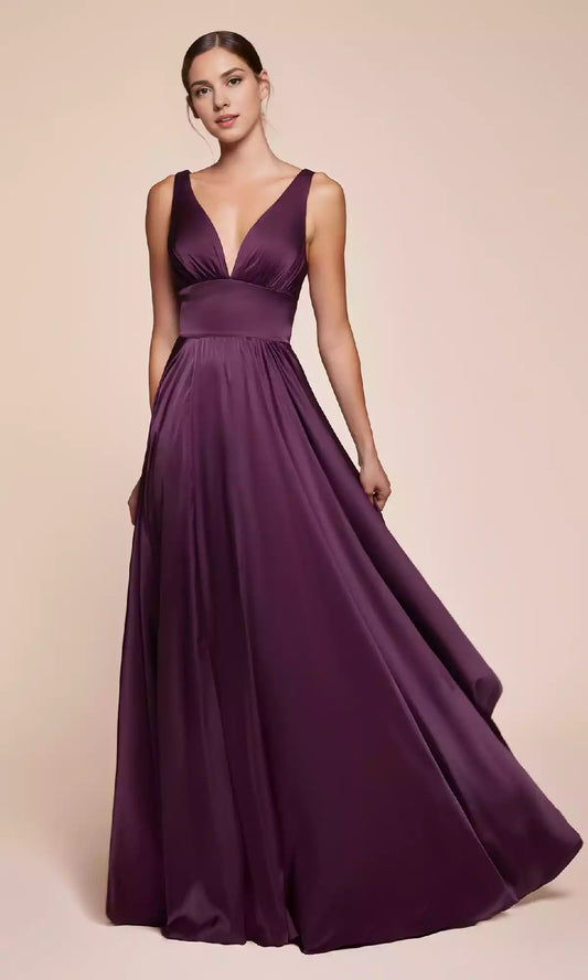 Eternal and elegant satin V-neck A-line silhouette, V-shaped backless side slit adds a touch of eye-catching detail Prom Dresses