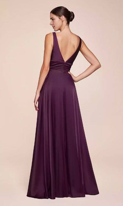 Eternal and elegant satin V-neck A-line silhouette, V-shaped backless side slit adds a touch of eye-catching detail Prom Dresses