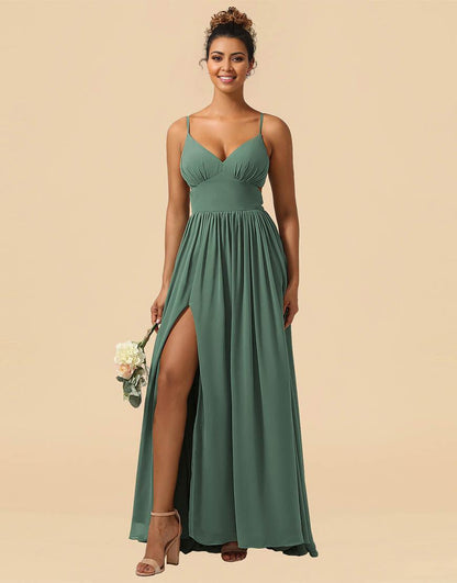 A-Line Spaghetti Straps Floor Length Chiffon Bridesmaid Dress with Split