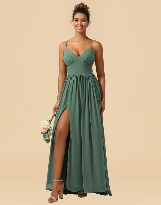 A-Line Spaghetti Straps Floor Length Chiffon Bridesmaid Dress with Split