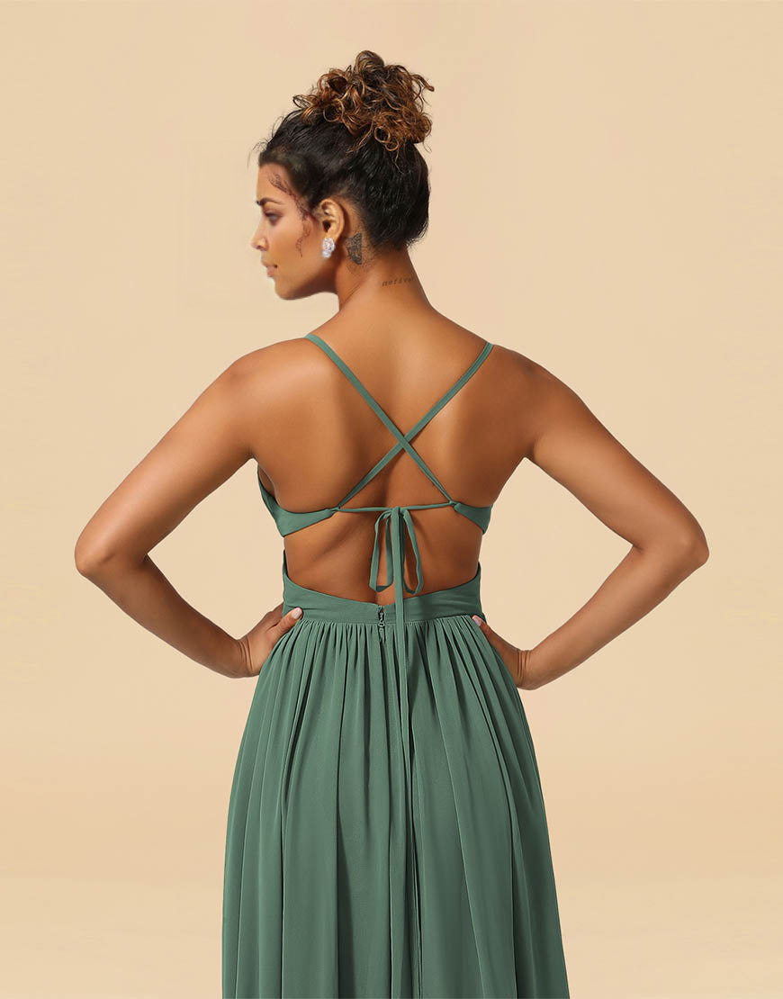 A-Line Spaghetti Straps Floor Length Chiffon Bridesmaid Dress with Split