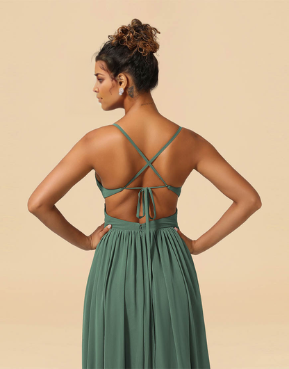 A-Line Spaghetti Straps Floor Length Chiffon Bridesmaid Dress with Split