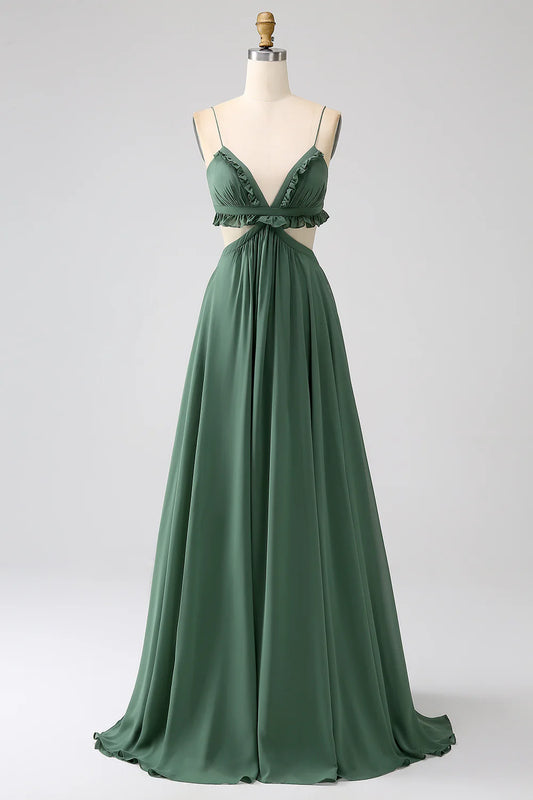A-Line Spaghetti Straps Backless Chiffon Long Bridesmaid Dress