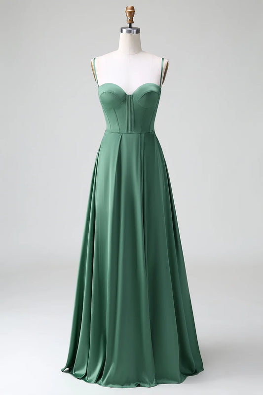 A Line Spaghetti Straps Corset Pleated Satin Bridesmaid Dress