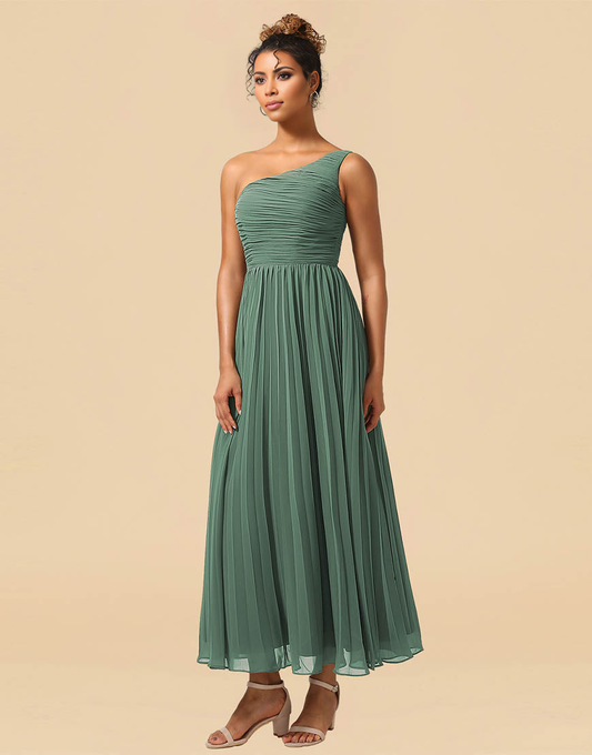 A-Line One Shoulder Tea Length Chiffon Bridesmaid Dress