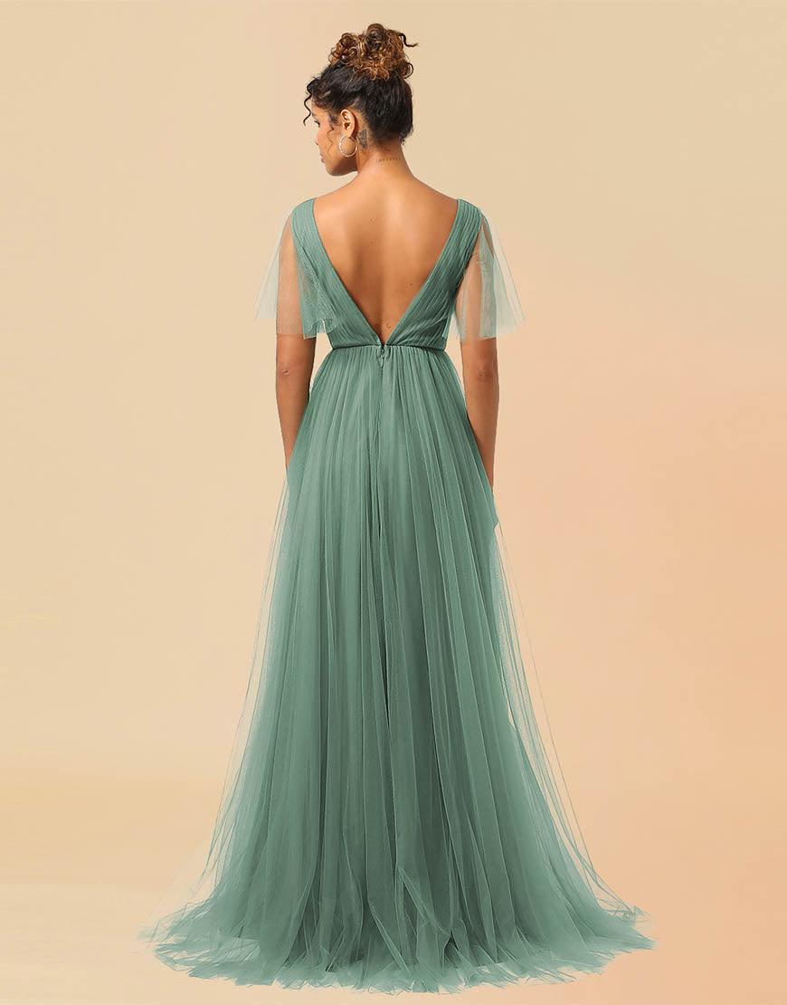A-Line V-Neck Floor Length Tulle Bridesmaid Dress