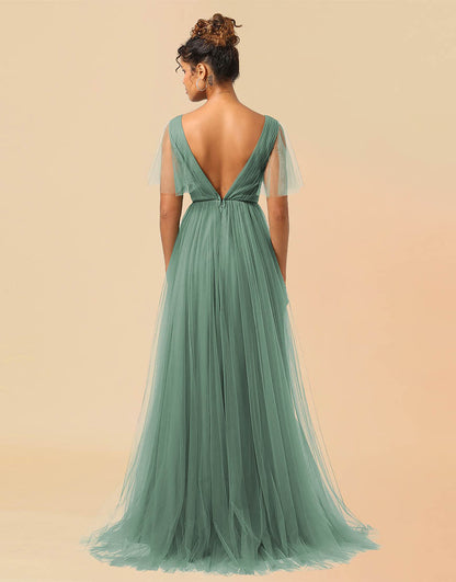 A-Line V-Neck Floor Length Tulle Bridesmaid Dress