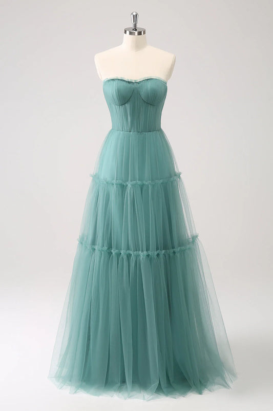 A Line Strapless Corset Tulle Long Bridesmaid Dress