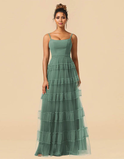 A-Line Spaghetti Straps Floor Length Chiffon And Tulle Bridesmaid Dress