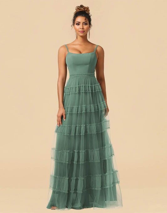 A-Line Spaghetti Straps Floor Length Chiffon And Tulle Bridesmaid Dress