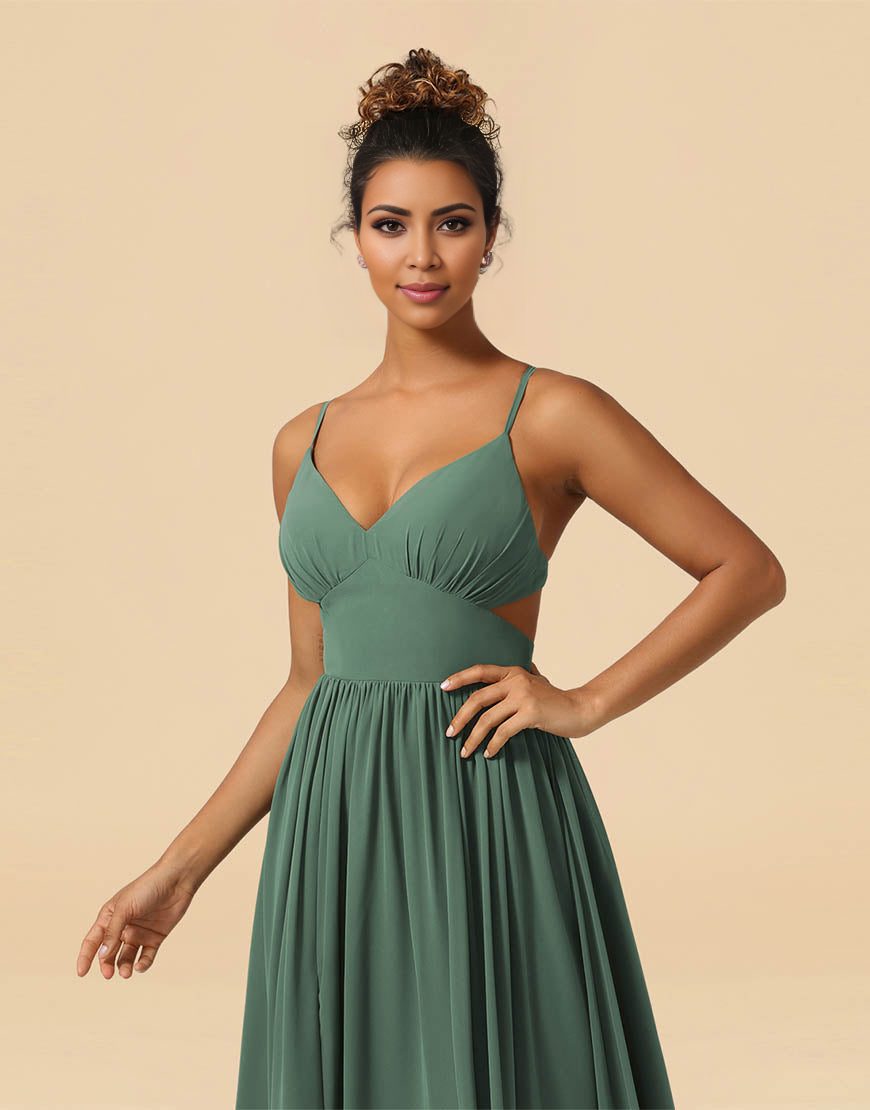 A-Line Spaghetti Straps Floor Length Chiffon Bridesmaid Dress with Split