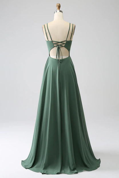 A-Line Spaghetti Straps Pleated Chiffon Bridesmaid Dress With Slit