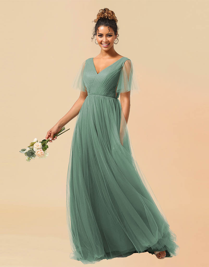 A-Line V-Neck Floor Length Tulle Bridesmaid Dress