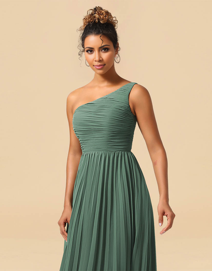 A-Line One Shoulder Tea Length Chiffon Bridesmaid Dress