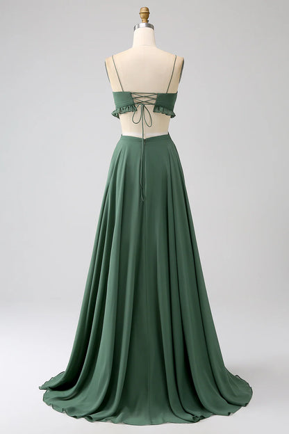 A-Line Spaghetti Straps Backless Chiffon Long Bridesmaid Dress