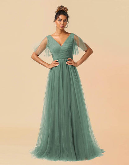A-Line V-Neck Floor Length Tulle Bridesmaid Dress