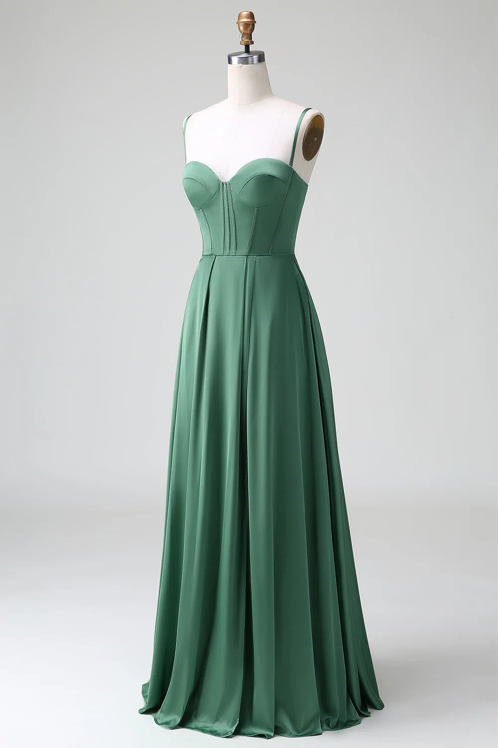 A Line Spaghetti Straps Corset Pleated Satin Bridesmaid Dress
