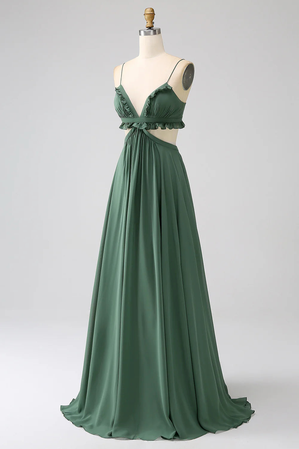 A-Line Spaghetti Straps Backless Chiffon Long Bridesmaid Dress