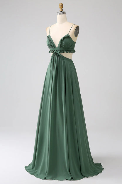 A-Line Spaghetti Straps Backless Chiffon Long Bridesmaid Dress