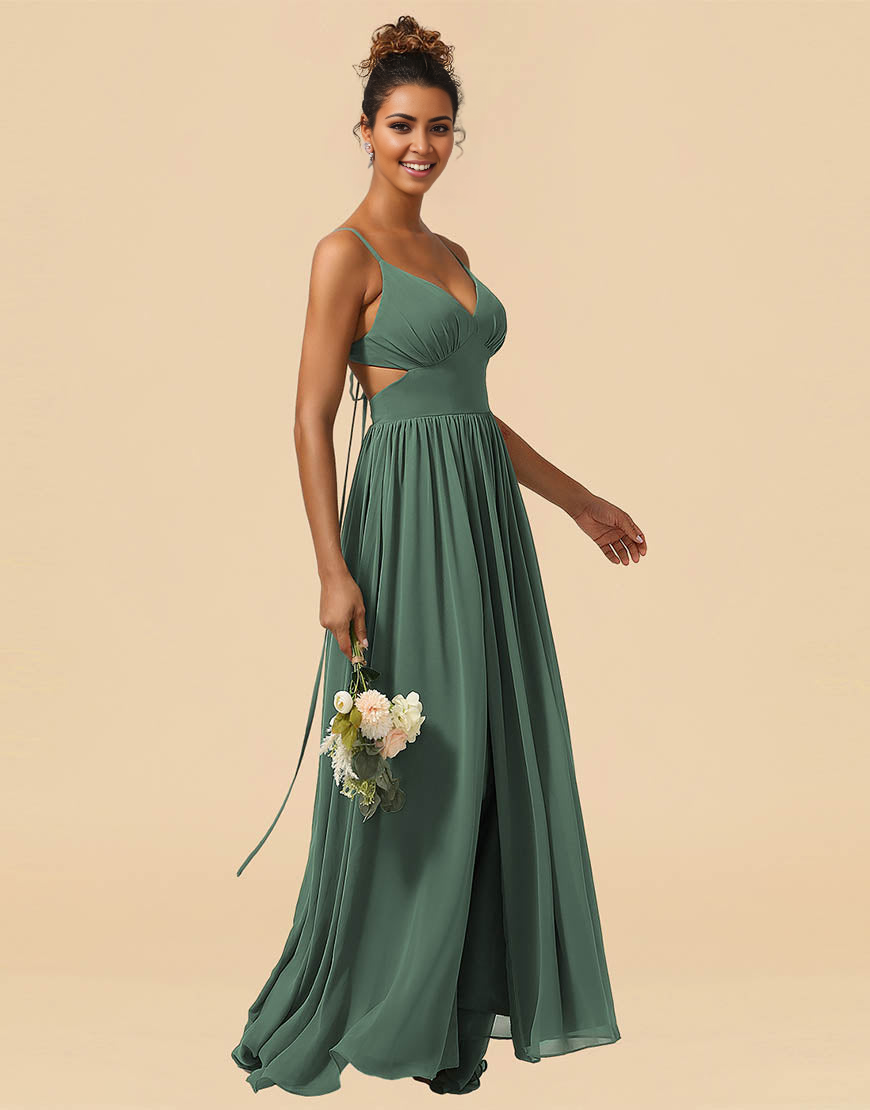 A-Line Spaghetti Straps Floor Length Chiffon Bridesmaid Dress with Split