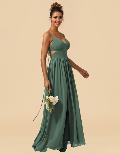 A-Line Spaghetti Straps Floor Length Chiffon Bridesmaid Dress with Split
