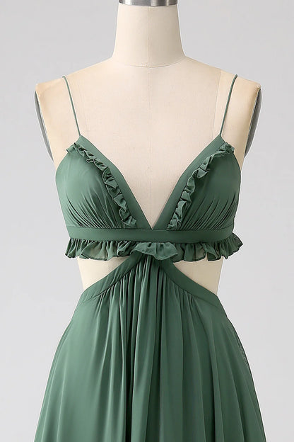 A-Line Spaghetti Straps Backless Chiffon Long Bridesmaid Dress