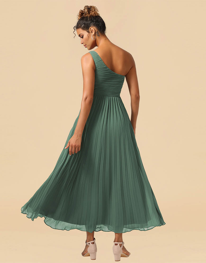 A-Line One Shoulder Tea Length Chiffon Bridesmaid Dress
