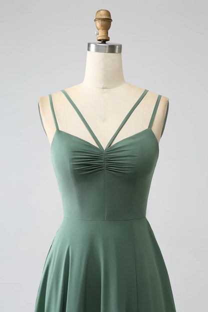 A-Line Spaghetti Straps Pleated Chiffon Bridesmaid Dress With Slit