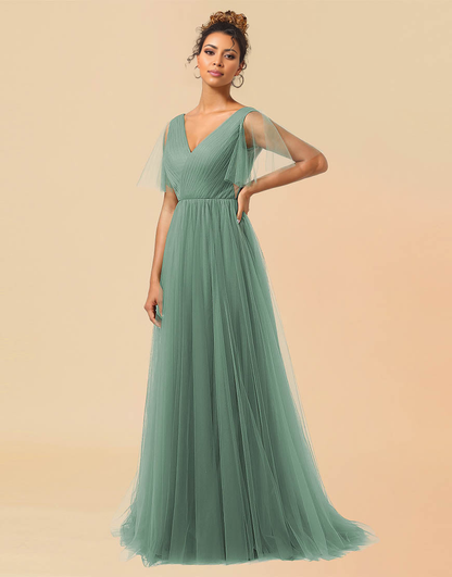 A-Line V-Neck Floor Length Tulle Bridesmaid Dress