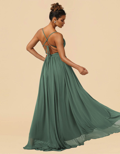 A-Line Spaghetti Straps Floor Length Chiffon Bridesmaid Dress with Split