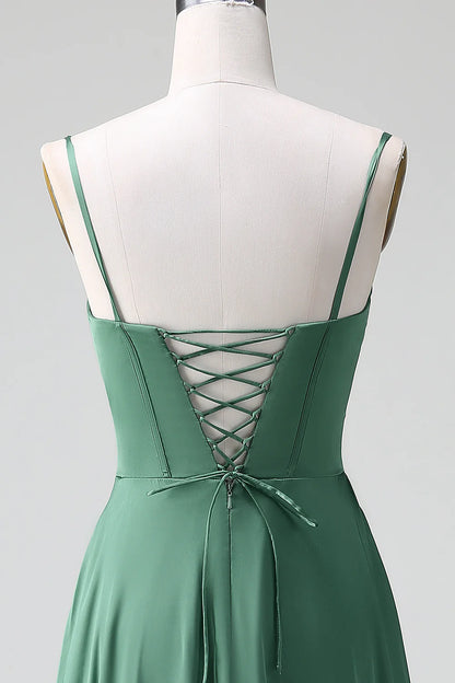 A Line Spaghetti Straps Corset Pleated Satin Bridesmaid Dress