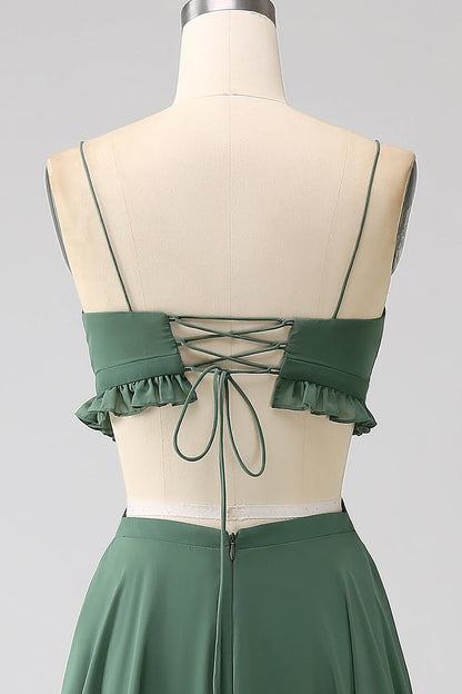 A-Line Spaghetti Straps Backless Chiffon Long Bridesmaid Dress