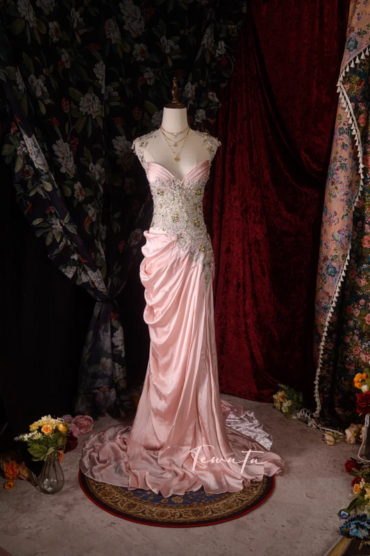 Evening Dress Cap Sleeve Blush Pink Satin Mermaid Gown with Crystal Beaded Lace Bodice Ruched Skirt Back Bow Detail and Sweep Train