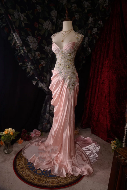 Evening Dress Cap Sleeve Blush Pink Satin Mermaid Gown with Crystal Beaded Lace Bodice Ruched Skirt Back Bow Detail and Sweep Train