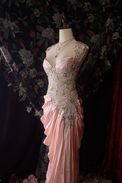 Evening Dress Cap Sleeve Blush Pink Satin Mermaid Gown with Crystal Beaded Lace Bodice Ruched Skirt Back Bow Detail and Sweep Train