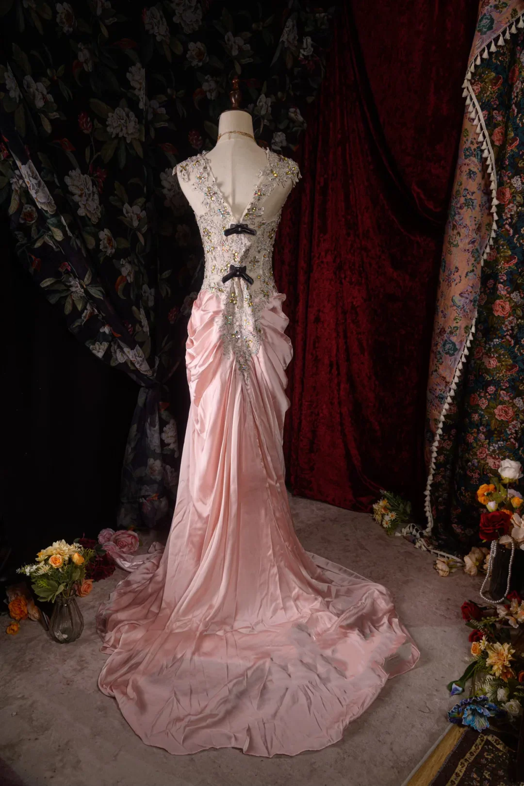Evening Dress Cap Sleeve Blush Pink Satin Mermaid Gown with Crystal Beaded Lace Bodice Ruched Skirt Back Bow Detail and Sweep Train