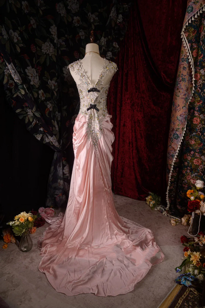 Evening Dress Cap Sleeve Blush Pink Satin Mermaid Gown with Crystal Beaded Lace Bodice Ruched Skirt Back Bow Detail and Sweep Train