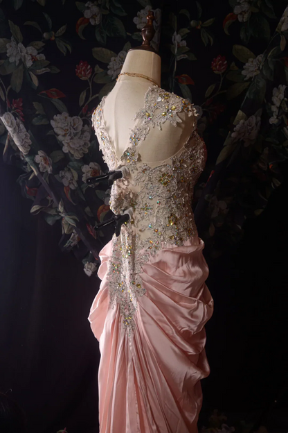 Evening Dress Cap Sleeve Blush Pink Satin Mermaid Gown with Crystal Beaded Lace Bodice Ruched Skirt Back Bow Detail and Sweep Train
