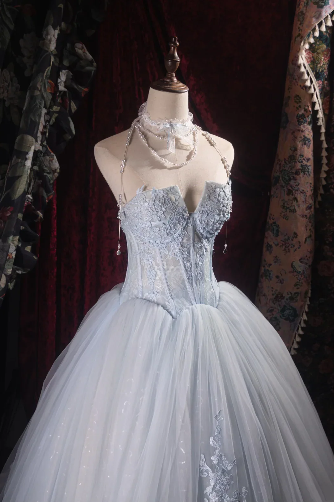 Evening Dress Halter Neck Dusty Blue Tulle Ball Gown with Lace Corset Bodice  Floral Appliqué Skirt Beaded Straps and Sweep Train