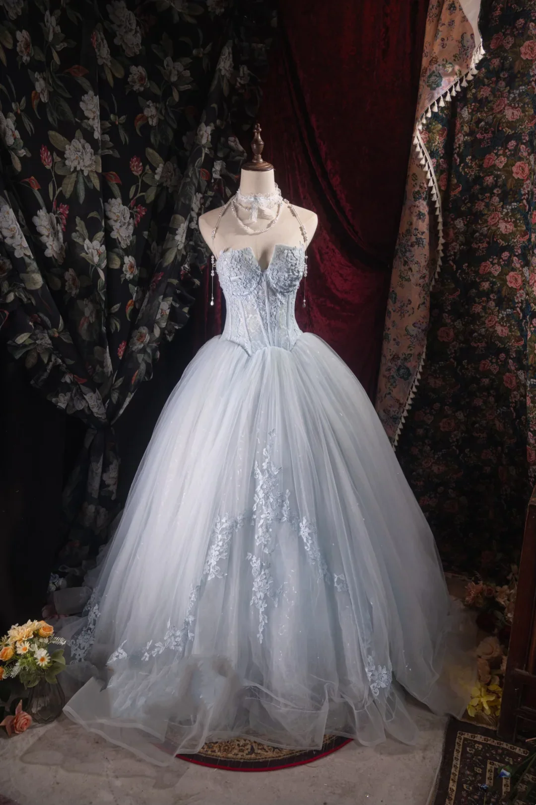 Evening Dress Halter Neck Dusty Blue Tulle Ball Gown with Lace Corset Bodice  Floral Appliqué Skirt Beaded Straps and Sweep Train