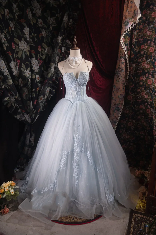 Evening Dress Halter Neck Dusty Blue Tulle Ball Gown with Lace Corset Bodice  Floral Appliqué Skirt Beaded Straps and Sweep Train