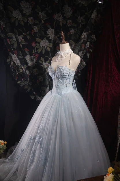 Evening Dress Halter Neck Dusty Blue Tulle Ball Gown with Lace Corset Bodice  Floral Appliqué Skirt Beaded Straps and Sweep Train