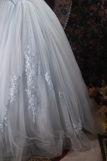Evening Dress Halter Neck Dusty Blue Tulle Ball Gown with Lace Corset Bodice  Floral Appliqué Skirt Beaded Straps and Sweep Train