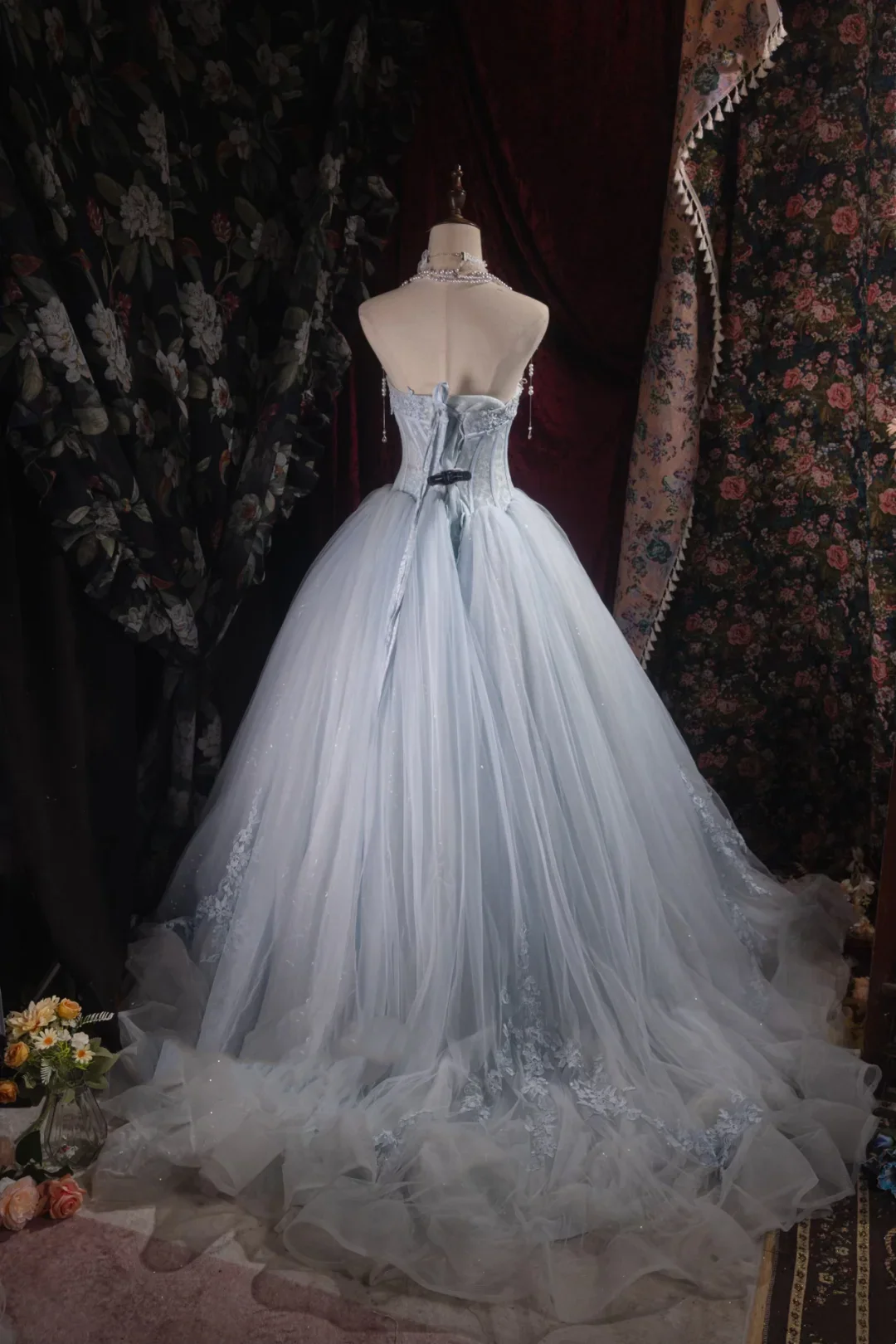 Evening Dress Halter Neck Dusty Blue Tulle Ball Gown with Lace Corset Bodice  Floral Appliqué Skirt Beaded Straps and Sweep Train