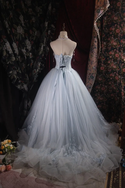 Evening Dress Halter Neck Dusty Blue Tulle Ball Gown with Lace Corset Bodice  Floral Appliqué Skirt Beaded Straps and Sweep Train