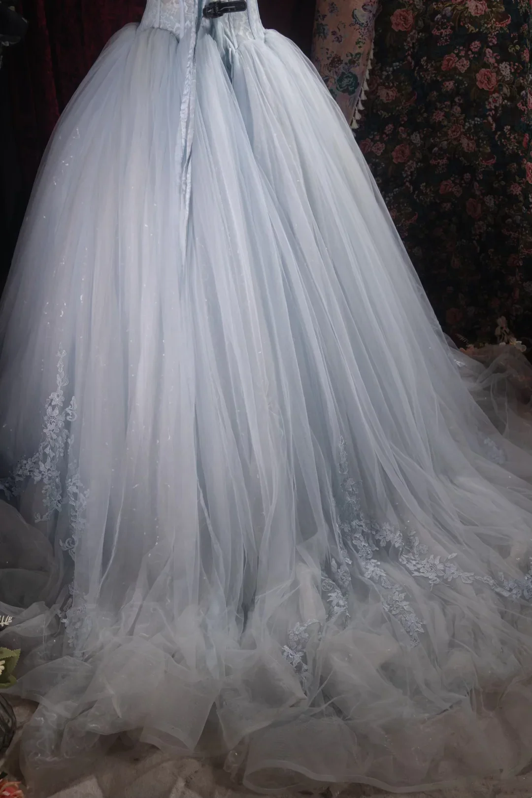 Evening Dress Halter Neck Dusty Blue Tulle Ball Gown with Lace Corset Bodice  Floral Appliqué Skirt Beaded Straps and Sweep Train