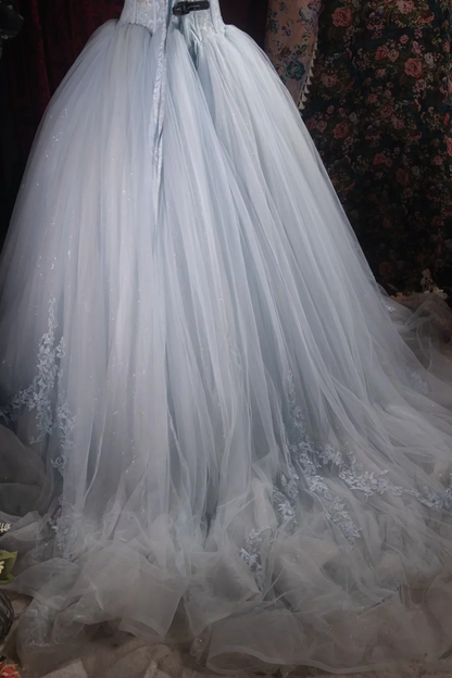 Evening Dress Halter Neck Dusty Blue Tulle Ball Gown with Lace Corset Bodice  Floral Appliqué Skirt Beaded Straps and Sweep Train