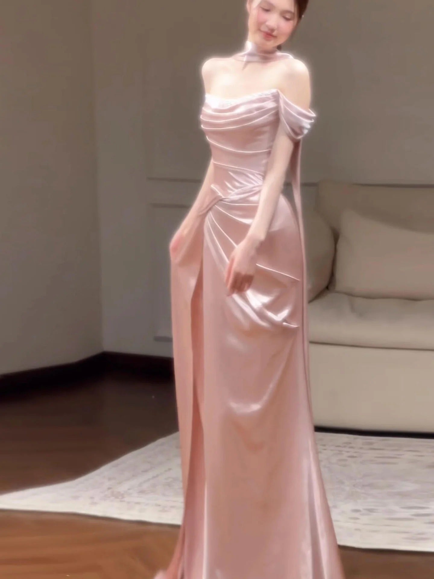 Evening Dress Off-the-Shoulder Blush Pink Satin Gown with High Neck Choker Ruched Bodice Draped Skirt and Side Train